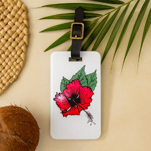 Étiquette À Bagage Hibiscus rouge tropical avec Feuilles verts