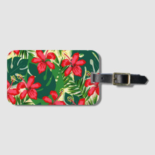 Étiquette À Bagage Hibiscus tropical coloré rouge et vert