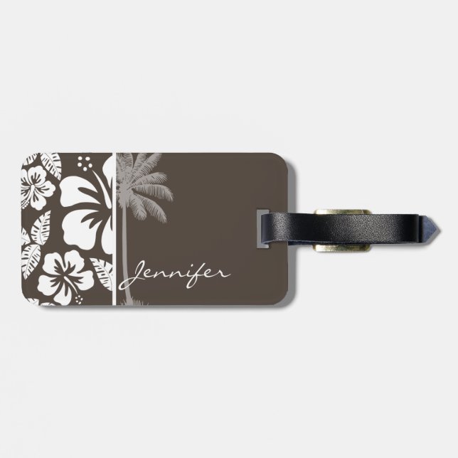 Étiquette À Bagage Hibiscus Tropical Taupe foncé; Palme d'été (Dos horizontal)
