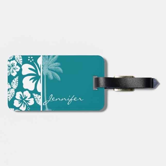 Étiquette À Bagage Hibiscus Tropical Turquoise foncé ; Palm (Dos horizontal)