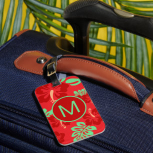 Étiquette À Bagage Hibiscus tropicaux rouge et vert Monogramme floral