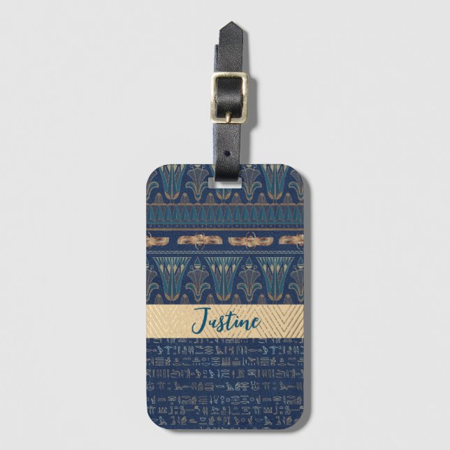 Étiquette À Bagage Hiéroglyphes égyptiens Lotus Scarab Personnalisés (Devant Vertical)