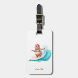 Étiquette À Bagage Hippopotame surfeur sur planche de surf