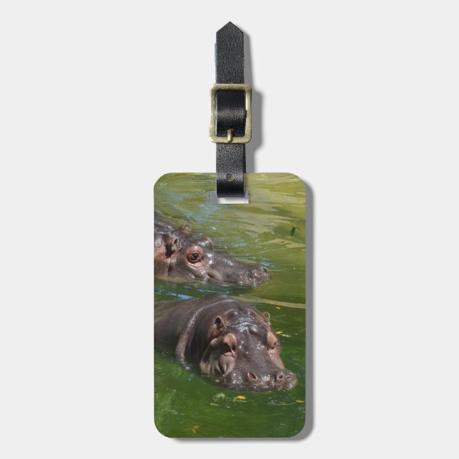 Étiquette À Bagage Hippopotames Nageant Dans Un Étang, (Devant Vertical)