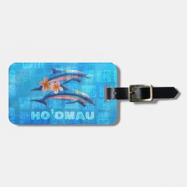 Étiquette À Bagage HO’OMAU - Collage primitif des dauphins hawaïens (Devant horizontal)
