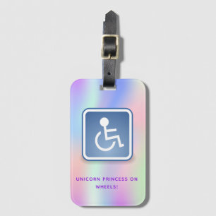 Étiquette À Bagage Holographe rose violet fille en fauteuil roulant