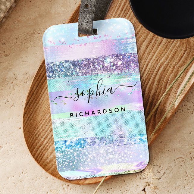Étiquette À Bagage Holographie de Fille Parties scintillant Faux | Bl (A glam, faux holographic look luggage tag)