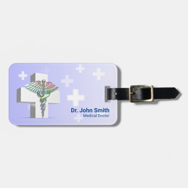 Étiquette À Bagage Holographique Médicale 3D Caduceus Croix blanche (Devant horizontal)