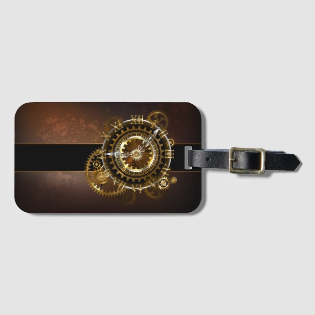 Étiquette À Bagage Horloge Steampunk avec des engrenages anciens (Devant Horizontal)