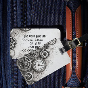 Étiquette À Bagage Horlogerie Steampunk et engrenages mécaniques