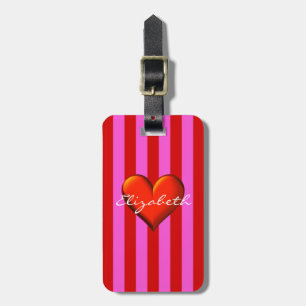 Étiquette À Bagage Hot Pink, Red Stripes, Red Metallic Heart Monogram
