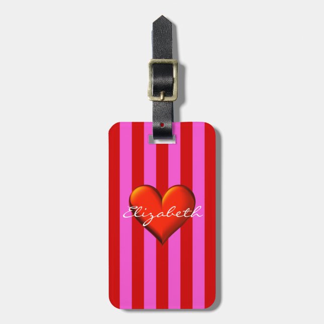 Étiquette À Bagage Hot Pink, Red Stripes, Red Metallic Heart Monogram (Devant Vertical)