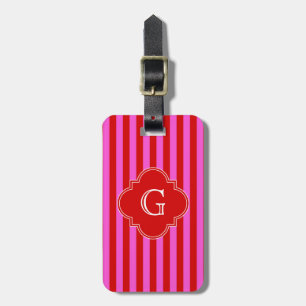 Étiquette À Bagage Hot Pink, Red Stripes, Red Quatrefoil Monogram