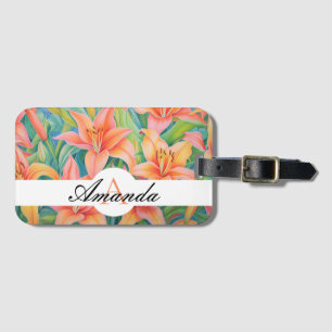 Étiquette À Bagage Huile Pastel Orange & Green Lily Motif Monogramme