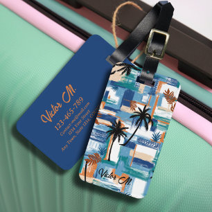 Étiquette À Bagage Ile moderne Tropical Check Bleu Blanc