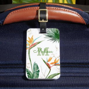 Étiquette À Bagage Ile tropicale Monogramme Floral Script Or Blanc