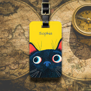 Étiquette À Bagage Illustration de chat noir curieux