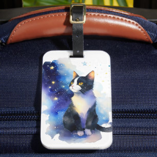 Étiquette À Bagage Illustration de l'aquarelle de chat Tuxedo adorabl