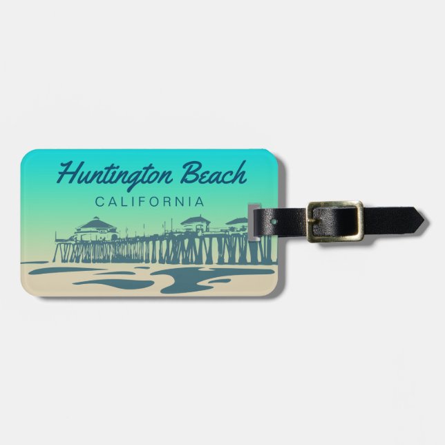 Étiquette À Bagage Illustration du quai de Huntington Beach customisé (Devant horizontal)