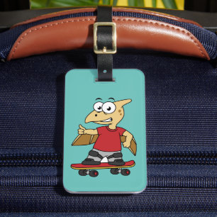 Étiquette À Bagage Illustration D'Un Skateboard De Ptérosaure.
