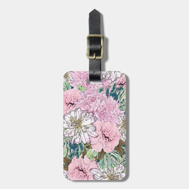 Étiquette À Bagage Illustration florale rose et blanche de mignonne f (Devant Vertical)