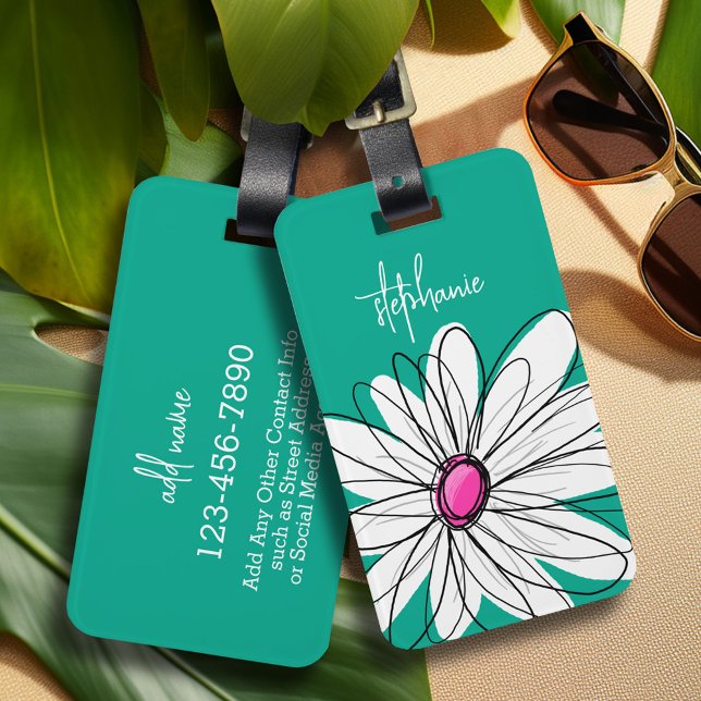 Étiquette À Bagage Illustration florale tendance - rose et vert (Whimsical Daisy personalized luggage tag)