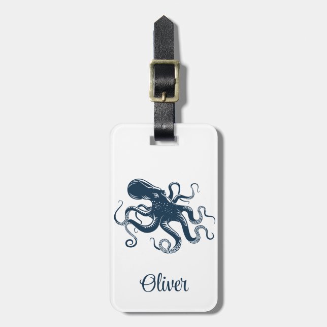 Étiquette À Bagage Illustration nautique de la pieuvre bleue marine (Devant Vertical)