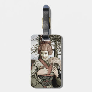 Étiquette À Bagage Illustration vintage d'un éventail de geisha en ki