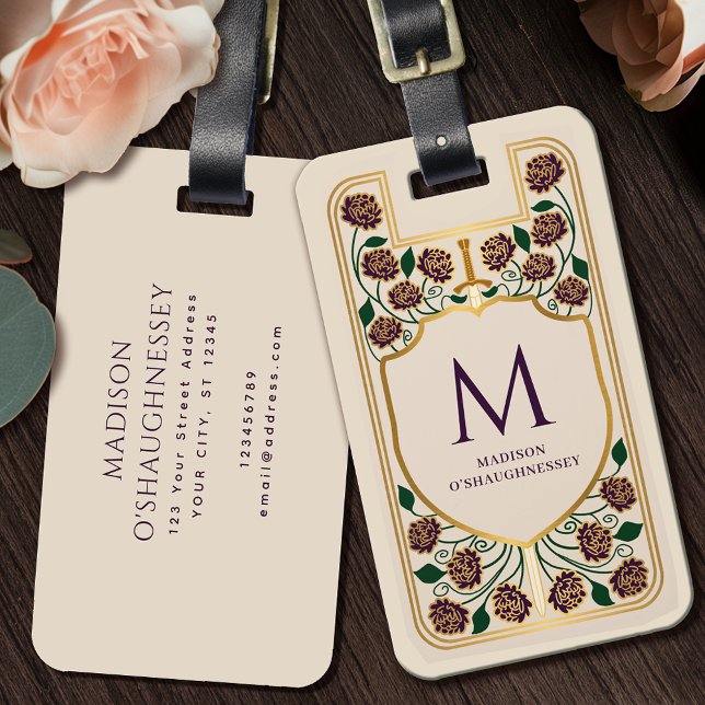 Étiquette À Bagage Imaginaire médiéval Cream Sword Shield Monogramme (Créateur téléchargé)