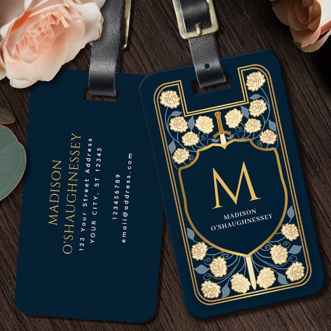Étiquette À Bagage Imaginaire médiéval du bouclier d'épée bleue Monog (Créateur téléchargé)