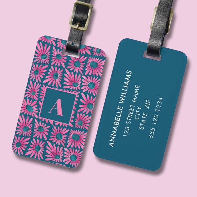 Étiquette À Bagage Impression de bloc floral rétro moderne (Modern retro floral luggage tag with pink daisy block print pattern. Add own details to the back.)