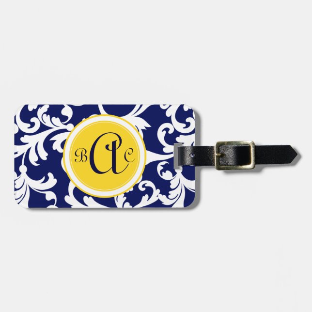Étiquette À Bagage Imprimer les Damas monogrammes bleu et jaune de la (Devant horizontal)