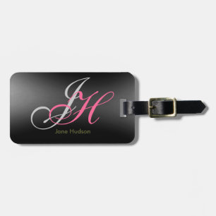 Étiquette À Bagage Initiales de monogramme gris noir Simple