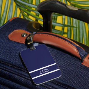 Étiquette À Bagage Initiales en monogramme blanc bleu marine