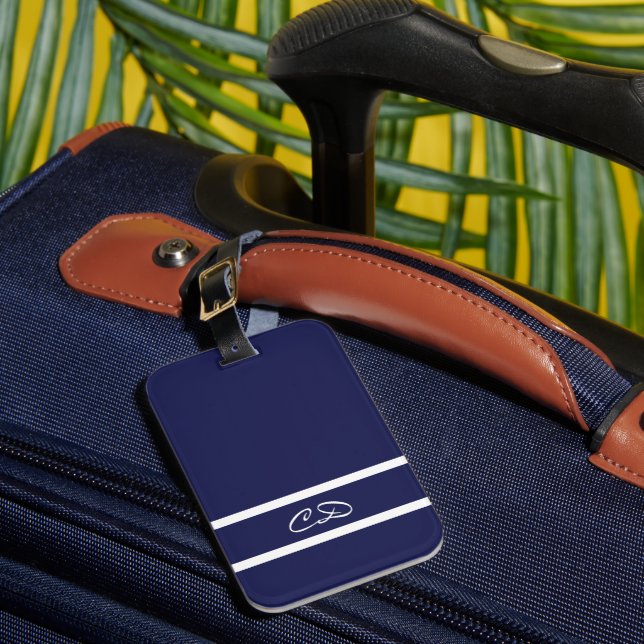 Étiquette À Bagage Initiales en monogramme blanc bleu marine (Insitu Rectoal 1)