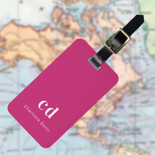 Étiquette À Bagage Initiales en monogramme blanc rose chaud