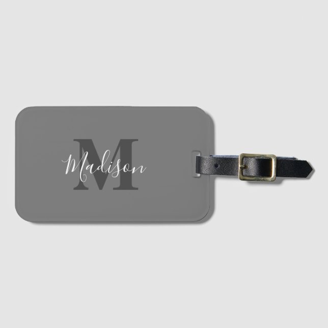 Étiquette À Bagage Initiales Monogrammes Nom personnalisé Gris Blanc  (Devant Horizontal)