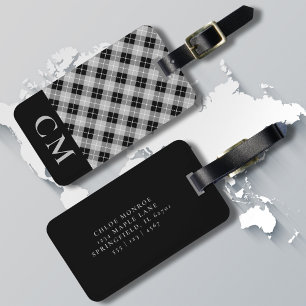 Étiquette À Bagage Initiales simples modernes en carton noir monogram