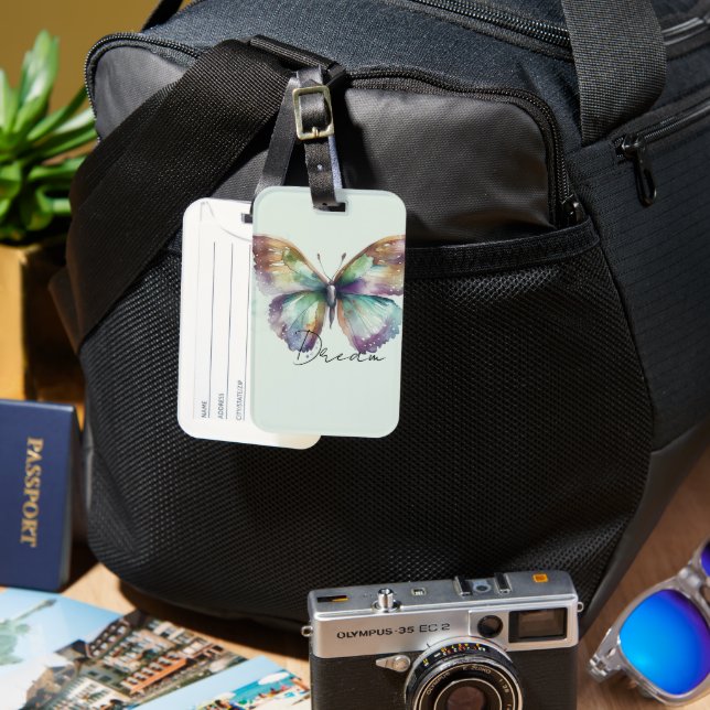 Étiquette À Bagage Inspirational Mint Aqua Blue Dream Butterfly (Recto & Verso)