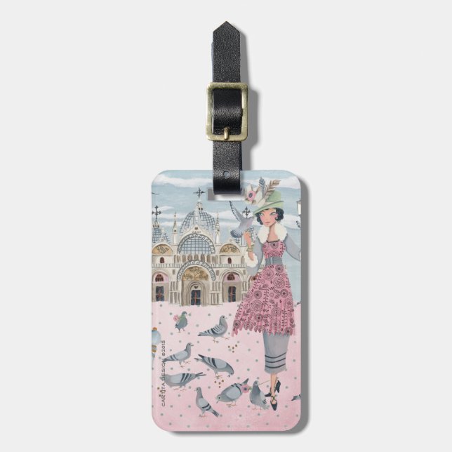 Étiquette À Bagage Italie Venise voyage pigeons gris rose fille dessi (Devant Vertical)