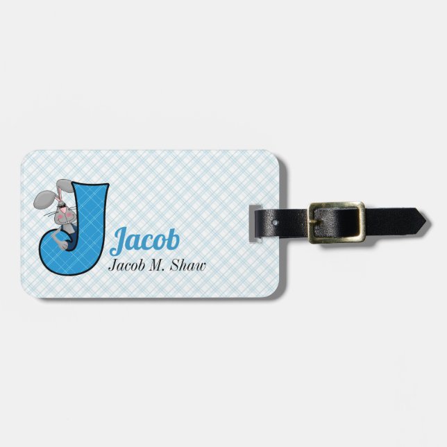 Étiquette À Bagage J pour Jackrabbit Boys Monogramme en bleu (Devant horizontal)