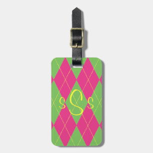 Étiquette À Bagage Jacquard rose et vert monogramme