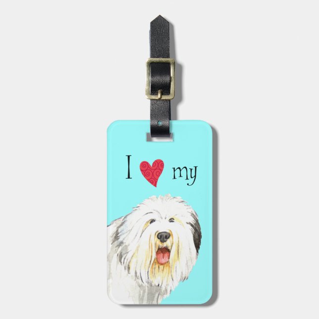 Étiquette À Bagage J'aime mon vieux chien de berger anglais (Devant Vertical)