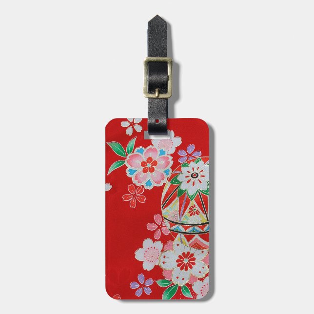 Étiquette À Bagage Japonais KIMONO Textile, motif floral (Devant Vertical)