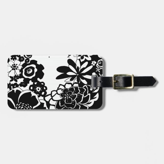 Étiquette À Bagage Jardin floral noir et blanc Motif graphique (Devant horizontal)
