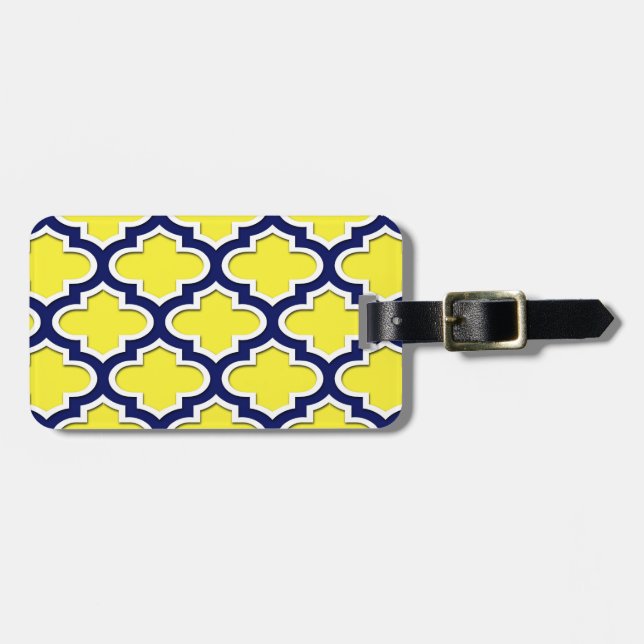 Étiquette À Bagage Jaune, Bleu Marine, Lg Quatrefoil Marocain #3DS (Devant horizontal)