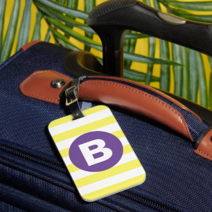 Étiquette À Bagage Jaune ensoleillé rayé monogramme violet