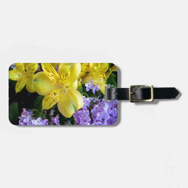Étiquette À Bagage Jaune et Fleurs Lilac Violettes (Devant horizontal)