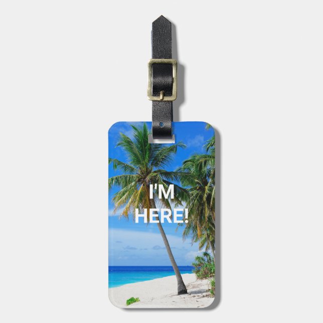 Étiquette À Bagage JE SUIS LÀ ! Palmiers de sable blanc, Coordonnées  (Devant Vertical)
