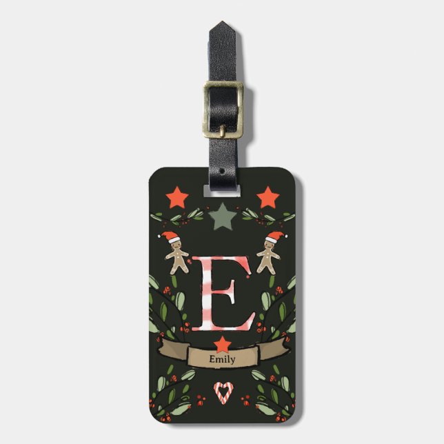 Étiquette À Bagage Je voyage pour Noël monogramme "E" avec le nom (Devant Vertical)
